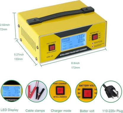6/8/12/14/16/24V Battery Charger Automotive 0-10A, Smart Car Golf Cart Battery Charger, Maintainer and Automatic Charger with Cable Clamps, Suitable for Lead-Acid Batteries (Yellow with Handle)