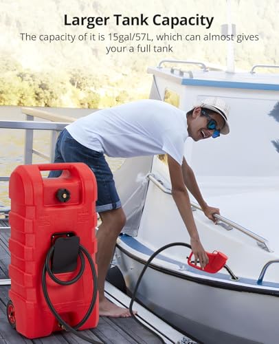 15 Gallon Gas Can, Portable Fuel Tank With Pump, Fuel Transfer Tank, Portable Gasoline Tank On Wheels With Le Fluid Transfer Siphon Pump and 10-Inch Hose for Cars, Boats, Lawnmowers, ATVs - color: Red