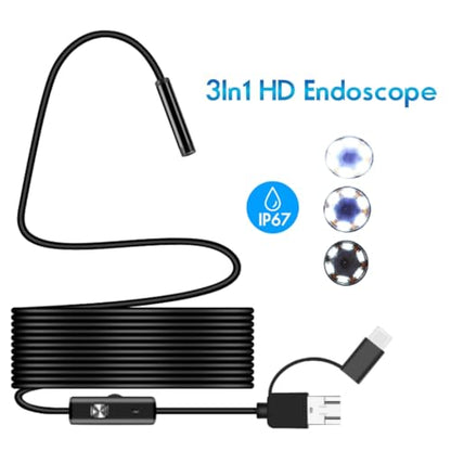 Endoscope Camera with Light, Borescope Tools with 6 Adjustable Led Lights, Endoscope with Semi-Rigid Snake Camera, Ip67-waterproof Inspection Borescope for Phone -16.4ft Dual-Lens (Soft Cord, 1m)