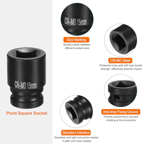 HARFINGTON 2pcs 4 Point Square Socket 1/2" Drive 15mm Metric Square Impact Socket CR-MO Blackening Standard Wheel Sockets Pneumatic Socket Tool for Auto Repair Mechanical Maintenance Home Use - size: 15mm