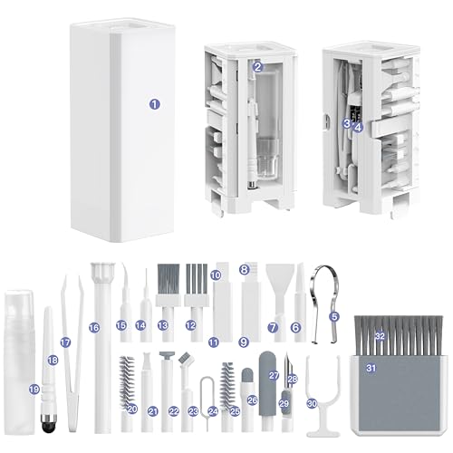32-in-1 Multi-Functional Cleaning Kit for Electronics Including Headphones,Mobile Phones,Computer,Monitor,Lens and etc, Compact and Portable Design, White - color: White
