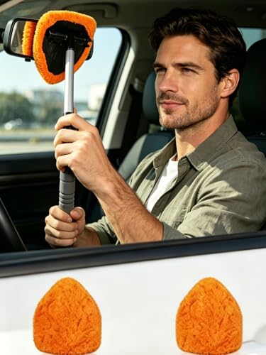 Car Windshield Cleaner Tool with Reusable Microfiber Pads Extendable Handle (1, Orange) - color: Orange