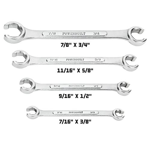 Powerbuilt 4 Piece SAE Flare Nut Wrench Set, Size Includes 3/8" x 7/16", 1/2" x 9/16", 5/8" x 11/16", 3/4" x 7/8" Flare Nut Wrench, Chrome-Vanadium made - 640185 - size: 4pc SAE, style: Flare Nut