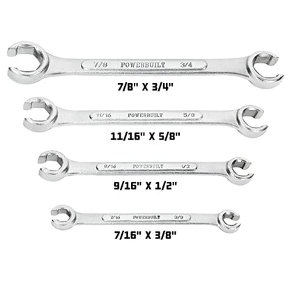 Powerbuilt 4 Piece SAE Flare Nut Wrench Set, Size Includes 3/8" x 7/16", 1/2" x 9/16", 5/8" x 11/16", 3/4" x 7/8" Flare Nut Wrench, Chrome-Vanadium made - 640185 - size: 4pc SAE, style: Flare Nut