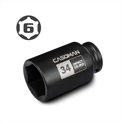CASOMAN 1/2" Drive x 34 mm Deep 6 PT Impact Socket, CR-MO, 1/2-inch Drive 6 Point Axle Nut Socket for Easy Removal of Axle Shaft Nuts (34MM) - size: 34 mm (Deep), style: 6-Point Socket