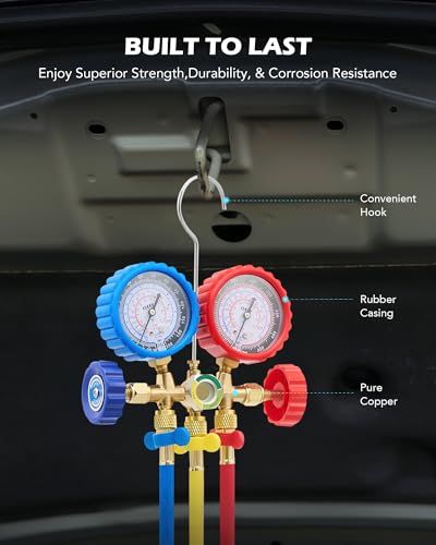 OMT AC Gauge Set for R134a, R12, R22, and R502, 5 ft Hoses | Includes R134a Couplers Self-Sealing & Piercing Can Taps 29° Adapter; Solid Brass Build; Ideal for Auto Freon Recharge - size: R134a R22 R12 R502