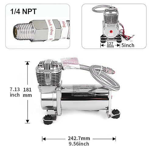 Ultra Quiet Air Compressor, 300PSI 1/4 NPT Super Silent 69DB Truck/Car Train Horn/Suspension/Ride/Bag kit/System and All 12v Vehicles like Semi/Pickup Trucks Silver - color: Silver 1/4