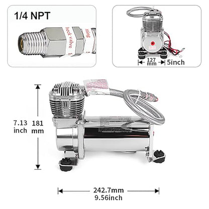 Ultra Quiet Air Compressor, 300PSI 1/4 NPT Super Silent 69DB Truck/Car Train Horn/Suspension/Ride/Bag kit/System and All 12v Vehicles like Semi/Pickup Trucks Silver - color: Silver 1/4