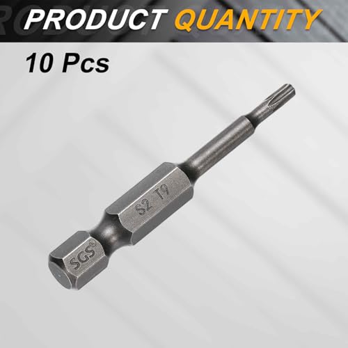 HARFINGTON 10pcs T9 Torx Head Screwdriver Bit 1/4" Hex Shank 2" (50mm) Long Magnetic No Hole Tip Tamper Proof 6 Point Star Screw Driver Drill Bits S2 Steel Industrial Power Screwdrivers - size: T9 x 2"