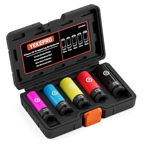 5PCS 1/2" Drive Impact Lug Nut Socket Set, 15 17 19 21 22 MM | Impact Wheel Socket Kit, Thin Wall Non-Marring Deep Socket with Protective Sleeves, Color-Coded Sleeves, CR-MO Steel - size: Metric