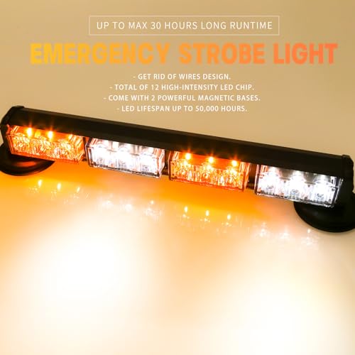 14.8" Battery Powered Emergency Strobe Lights Bar for Truck Vehicle Trailer Rechargeable Roadside Wireless Rooftop Mini Hazard Flashing LED Beacon Warning Light w/Magnetic Base (Amber/White) - color: #01 Amber/White/Amber/White