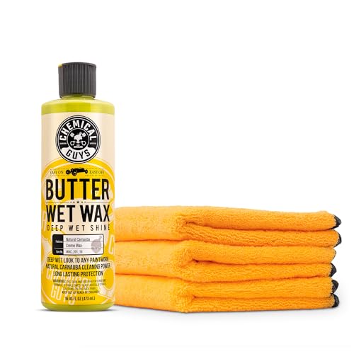 Chemical Guys WAC_201_16 Butter Wet Wax, Deep Wet Shine, for Cars, Trucks, SUVs, RVs & More, Banana Scent with MIC_506_03 Professional Grade Premium Microfiber Towels, Gold 16" x 16", Pack of 3