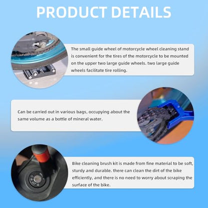 Motorcycle Wheel Cleaning Stand with Cleaning Brush Kit,Universal Roller Paddock for Dirt Street Bike Ebike for Tire Cleaning & Chain Lubrication(Bikes<500 lb & Tire Width<180 mm) - size: 7 Pcs