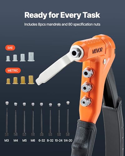 VEVOR Rivet Nut Tool Kit, 9-Inch One-Handed Rivnut Tool Kit, with 8 Mandrels, a Step Drill Bit and 80 Nuts, Metric and SAE Size M3, M4, M5, M6, 6-32, 8-32, 10-24, 1/4-20 UNC, with a Carrying Case - size: 9", style: RIVET NUT TOOL