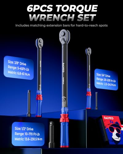 Torque Wrench Set 1/4 3/8 1/2 Inch Drive For Auto Moto Bike Repair | 3% High Accuracy，Quick-Release Convenience，Includes Extension Bars，Fits the Natural Curve of Hand / Ergonomic Handle