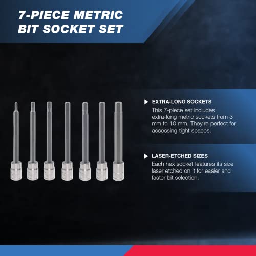 Neiko 10076A 3/8-Inch Drive Extra Long Allen Hex Bit Socket Set, Metric, 3 mm - 10 mm | S2 and Cr-V Steel, 7-Piece Set - style: Metric