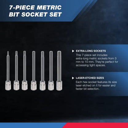 Neiko 10076A 3/8-Inch Drive Extra Long Allen Hex Bit Socket Set, Metric, 3 mm - 10 mm | S2 and Cr-V Steel, 7-Piece Set - style: Metric