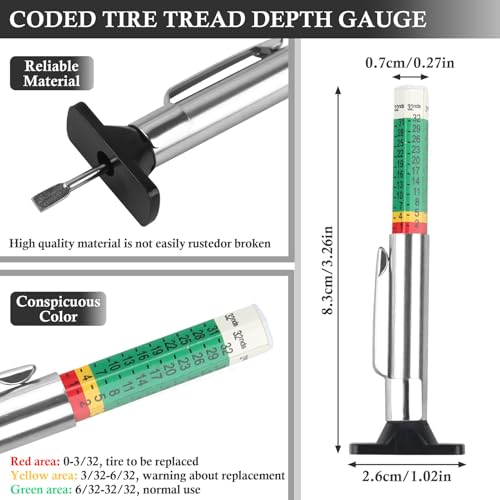 Tire Tread Depth Gauge Kit, Digital Tire Tread Depth Gauge - Color Coded Tire Tread Depth Gauge - Brake Lining Thickness Measure Ruler for Automotive, Motorcycle, Car, Truck, Bus