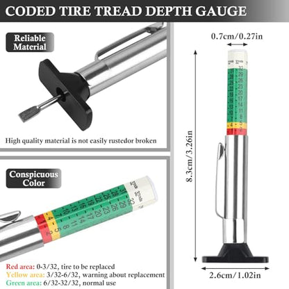 Tire Tread Depth Gauge Kit, Digital Tire Tread Depth Gauge - Color Coded Tire Tread Depth Gauge - Brake Lining Thickness Measure Ruler for Automotive, Motorcycle, Car, Truck, Bus