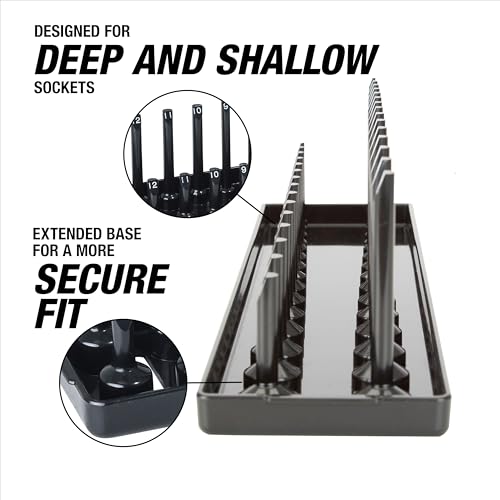 OEMTOOLS 22208 1/4" Metric Socket Organizer, 1/4 Socket Holder for Deep and Shallow Sockets, Labeled Posts, Dual Rail, Holds 4 mm to 15 mm - size: 1/4"