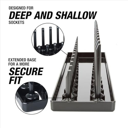 OEMTOOLS 22208 1/4" Metric Socket Organizer, 1/4 Socket Holder for Deep and Shallow Sockets, Labeled Posts, Dual Rail, Holds 4 mm to 15 mm - size: 1/4"