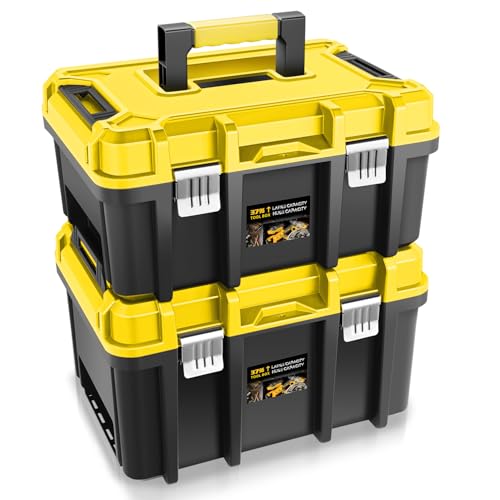 Auto Dynasty 17-Inch Tool Box, 2Pcs Toolboxes Organizer Storage with Removable Tray and Portable Handle for Garage Workshop Home Office Car Trunk, Yellow - color: Yellow