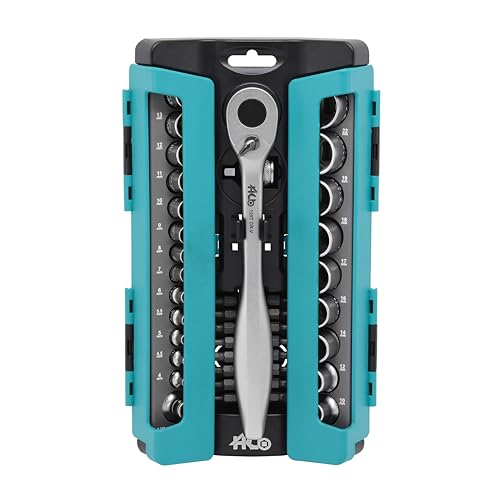 HB 120P 1/4 and 1/2-Inch Drive Sealed Head Ratchet Handle, Made in Taiwan, with portable storage rack 42-piece Socket set AKM008-U - size: 42PC 1/4" 1/2" DR. (120T)