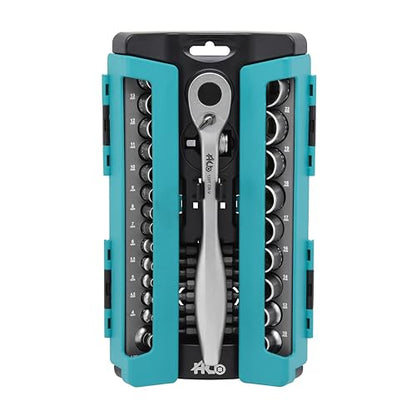HB 120P 1/4 and 1/2-Inch Drive Sealed Head Ratchet Handle, Made in Taiwan, with portable storage rack 42-piece Socket set AKM008-U - size: 42PC 1/4" 1/2" DR. (120T)