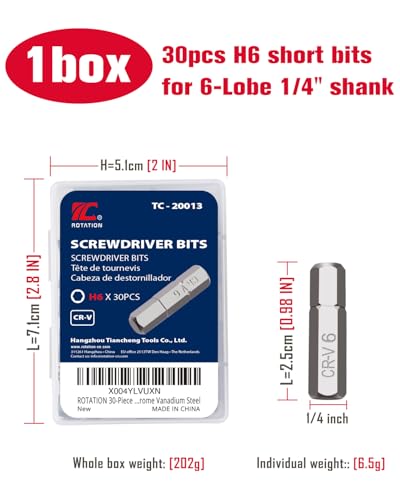 ROTATION 30-Piece H6 Bit Set, Impact Grade, 1/4-inch Hex Shank, Chrome Vanadium Steel - color: H6