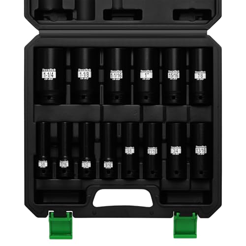 TecoTek 14PCS 1/2" Deep Drive Impact Socket Set, 6-Point, SAE (3/8" to 1-1/4"), CR-MO Steel, With a Storage Case - size: 0.375-1.250 inches (14 Pieces)