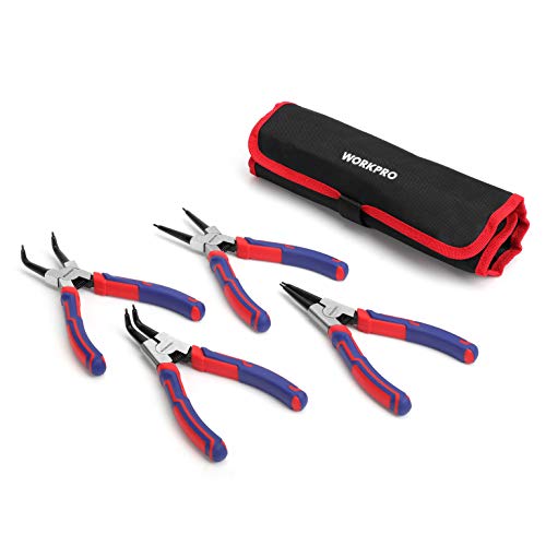 WORKPRO 4-Piece Snap Ring Pliers Set - Heavy Duty 7-inch Internal/External Circlip Pliers Kit (Tip Diameter 5/64'')-Straight/Bent Jaw - Cr-V Steel - For Ring Remover Retaining- Storage Pouch Included | 7-inch Internal/External Circlip Pliers Kit,Straight/