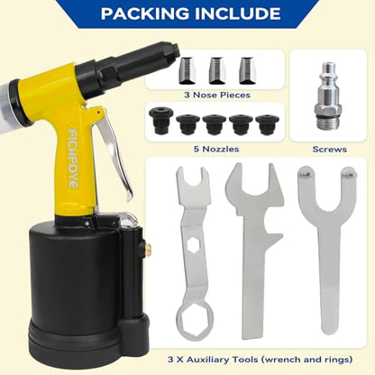 Heavy Duty Pneumatic Rivet Gun, 4000lbf Rivet Gun Set- 3/32", 1/8", 5/32", 3/16", 1/4" Air Riveter with NPT 1/4 inch for Automotive, Construction, Manufacturing Industries,Yellow - color: Yellow, size: 5 Nozzles
