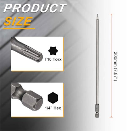 HARFINGTON 10pcs T10 Torx Head Screwdriver Bit 1/4" Hex Shank 7.87" (200mm) Long Magnetic No Hole Tip Tamper Proof 6 Point Star Screw Driver Drill Bits S2 Steel Industrial Power Screwdrivers - size: T10 x 7.87"