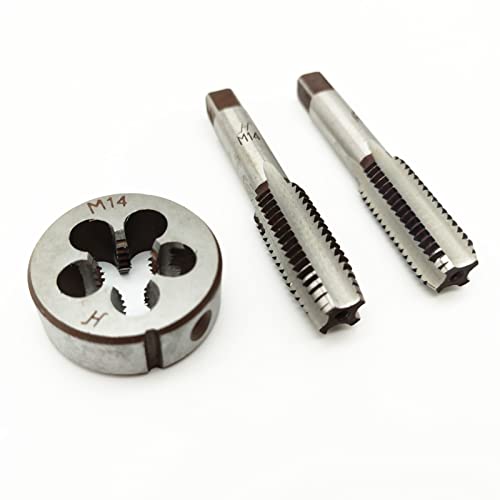 AtticZone M14 x 2.0 Metric Hand Thread Tap and Die Set, Right Hand 14 * 2.0, Alloy Tool Steel, 1 Taper Tap, 1 Plug Tap, 1 Round Die for Metal Working DIY Industrial - size: M14x2.0