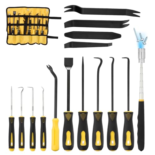 15Pcs Hook and Pick, Straight Head Magnetic Pickup Tool Plastic Pry Pieces Large Small Hook Short Pry Bar Gasket Scraper for Remove Hoses Gaskets Car Panel Fastener, Yellow - color: Yellow