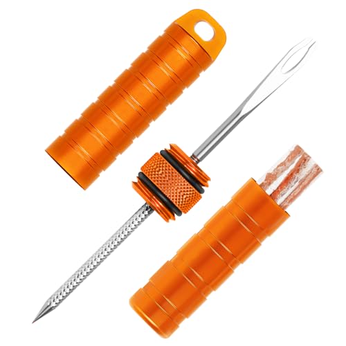 BWSHLF Tubeless Bike Tire Repair Kit for Mountain Bikes & Road Bicycles, Tubeless Tire Plug Kit with Storage Canister, Reamer, Insertion Fork, 10 Bacon Strips, Fix a Puncture or Flat, No Glue Needed - color: Orange