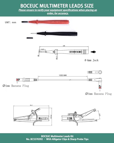 Multimeter Leads Kit with Heavy Duty Alligator Clips and Ultra-Sharp Test Probe Tips, CATIII 1000V/CATIV 600V, 10A Rated, for Electronics, Automotive, and Industrial Use