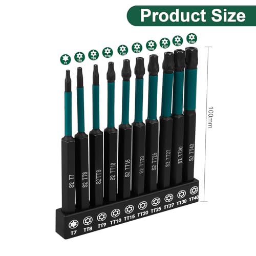10-Piece Impact Security Torx Bit Set, 100mm Long S2 Steel Star Driver Kit (T7-T40), Mixed Solid & Tamper-Proof Bits with 1/4" Hex Shank, Magnetic High-Torque Bits for Auto & Electronics - size: 10 Pieces