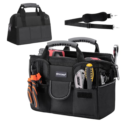 TICONN Heavy Duty Tool Bag with Multi-Pockets, Portable Tool Box Organizer Storage Bag, with Adjustable Shoulder Strap and Ergonomic Handle (Black, 12" Standard Base) - color: Black, size: 12" Standard Base