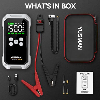 Jump Starter with Air Compressor, 9000A 160PSI Battery Booster Pack | For 12V vehicles, ALL gas and 10.0L diesel, with display, smart clamps, tire inflator, 2 USB-A ports, and 2 LED lights - size: F04