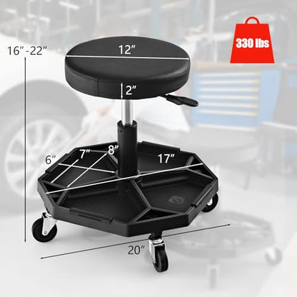 S AFSTAR Garage Shop Roller Seats, Adjustable Pneumatic Rolling Creeper Stool W/Tool Storage Tray & 4 Universal Wheels, Padded Mechanic Stool Repair Shop Stool Garage Rolling Stool (Black - color: Black
