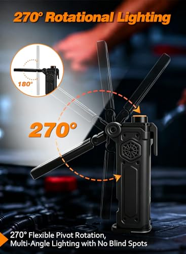 Rechargeable LED Work Light, 5000mAh Magnetic Flashlight with Stepless Dimming, SOS Red Strobe & Loud Alarm, Rotatable & Foldable Mechanic Light for Car Repair, Camping & Emergency (1 Pack Black) - color: Black