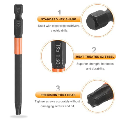 HARFINGTON 3pcs T30 Torx Head Screwdriver Bit 4" (100mm) Long 1/4" Hex Shank Magnetic No Hole Tamper Proof 6 Point Star Screw Driver Drill Bits Phosphate S2 Steel Industrial Power Tools - size: T30 x 100mm