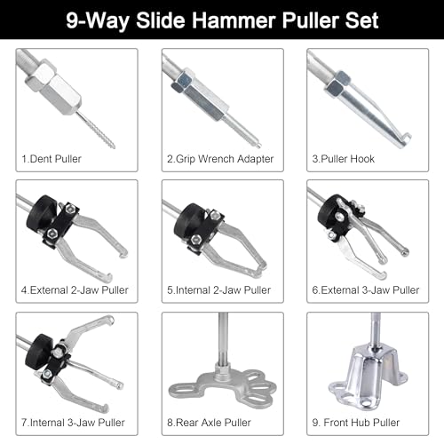 DAYUAN 9-Way Slide Hammer Puller Set, Tech Rear Axle Bearing Puller Tool | Slide Hammer Puller Set, Internal & External 2/3 Jaw Pullers, Removes Bearings Gears Hubs & Rear Axles, Case
