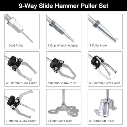 DAYUAN 9-Way Slide Hammer Puller Set, Tech Rear Axle Bearing Puller Tool | Slide Hammer Puller Set, Internal & External 2/3 Jaw Pullers, Removes Bearings Gears Hubs & Rear Axles, Case