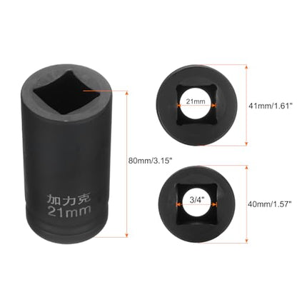 HARFINGTON 4 Point Square Socket 3/4" Drive by 21mm Metric Square Impact Socket 40CR Blackening Standard Wheel Sockets Pneumatic Socket Tool for Auto Repair Mechanical Maintenance Home Use - size: 21mm