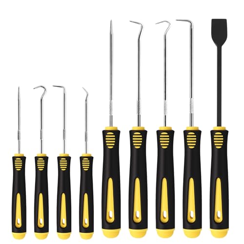 9PCS Hook and Pick Tool Set with Scraper- Automotive Pick Set | Automotive Pick Set with Metal Pick Tools & Ergonomic Grip, Mechanic Tool Set for Car Repair, O-Rings, Gaskets, Tight Spaces - color: yellow