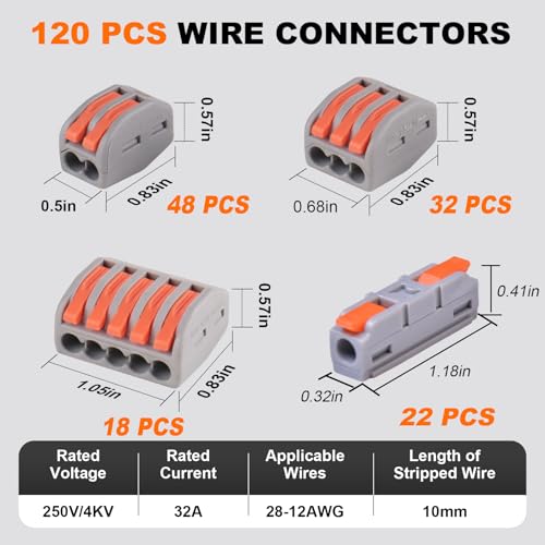 120PCS AVARBUVO Lever Wire Connectors, Quick Wire Splice Connectors Push-in, 2/3/5 Conductor Combination Kit with 1 in 1 Out Inline Terminals, 28-12 AWG - size: 120PCS