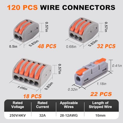 120PCS AVARBUVO Lever Wire Connectors, Quick Wire Splice Connectors Push-in, 2/3/5 Conductor Combination Kit with 1 in 1 Out Inline Terminals, 28-12 AWG - size: 120PCS