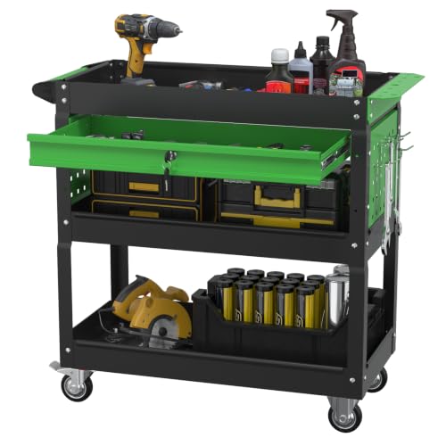 3 Tier Rolling Cart, Heavy Duty Utility Industrial Service Carts on Wheels, Metal Tool Cart with Locked Drawers, Ideal for Garage, Warehouse and Repair Shop (Black&Green) - color: Black&green